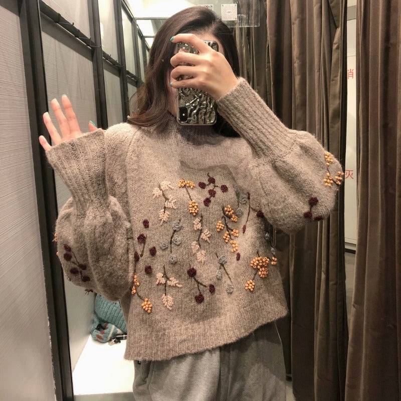 Women Sweater Knit Wear Beaded Embroidered Decorative Puff Sleeve Sweater Sweater