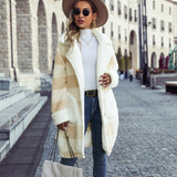 Women Trench Coat Fall Winter Coat Plaid Printed Suit Collar Single Breasted Plush Long-Cut Coat