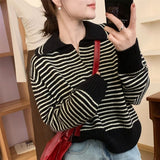 Women Knitted Pullover Autumn Loose Lapels Striped Top Long Sleeve Sweater