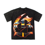 Hip-hop t-shirts - american skull racing retro print high street casual loose fit washed vintage short sleeve tee
