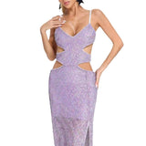 Women Evening Dress Hollow Backless Sexy Suspenders Grid Sequins Split Dress