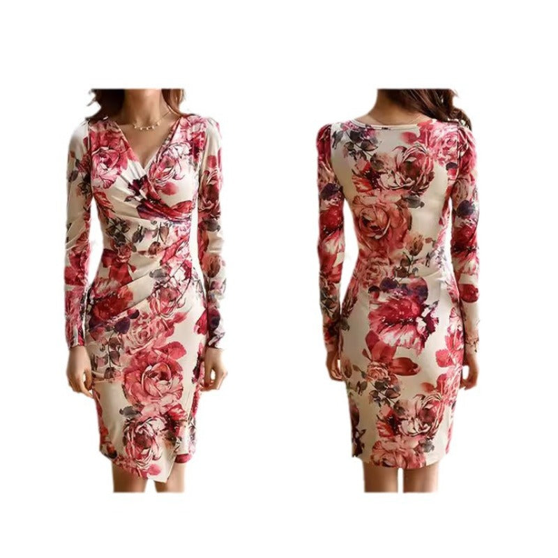 Women Maxi Dress Spring and Autumn V-neck Long Sleeve Narrow Dress