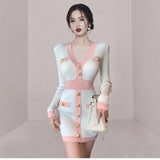 Women Maxi Dress Autumn and Winter V-neck Knitted Long-Sleeved Dress Woolen Skirt
