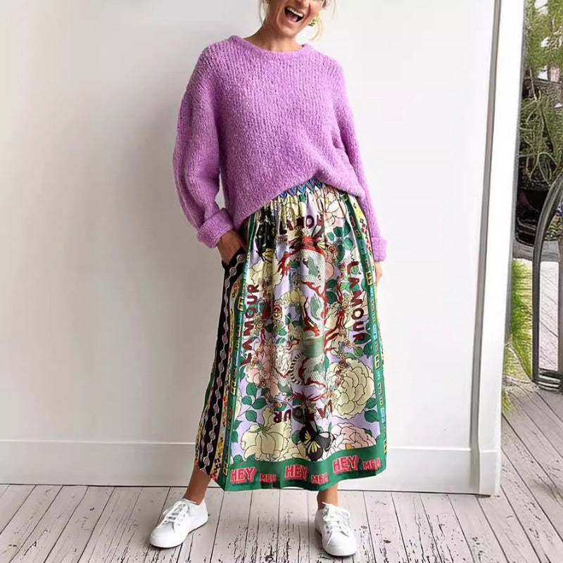Women Dresses Graffiti Casual Two-Piece Suit Satin Printed Long Sleeve Shirt Skirt (Jrm0409)