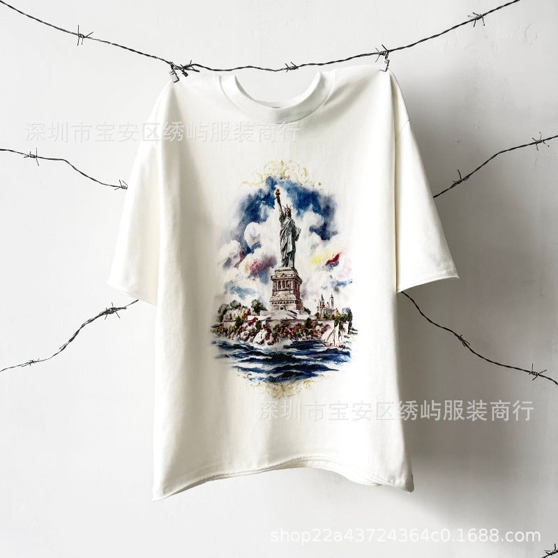saint m t shirts s.m oil painting statue of liberty crew neck pullover short sleeve top