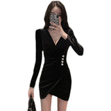 Women Maxi Dress Autumn Winter Sexy V-neck Pleuche Long Sleeve Narrow Dress