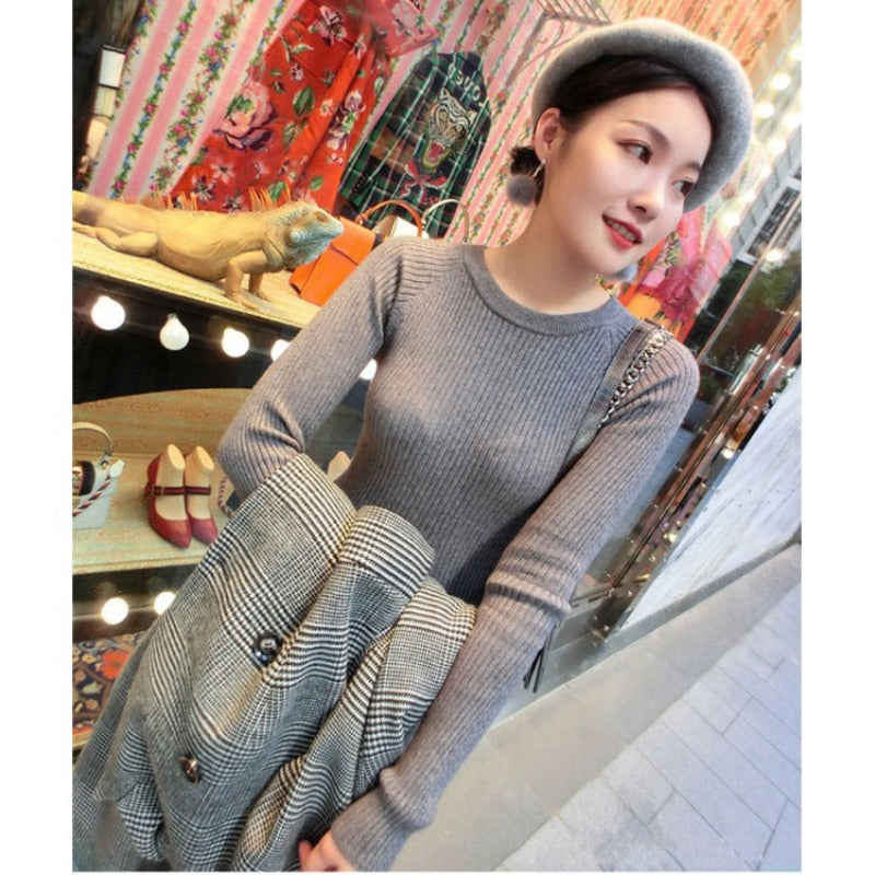 Women Maxi Dress Autumn and Winter round Neck Vintage Mid-Length Knitted Dress