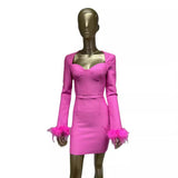 Women Dresses Autumn and Winter Long Sleeve Feather Cuffs Bandage Dress Elegant Dress Party Dress Skirt (Ont0408)