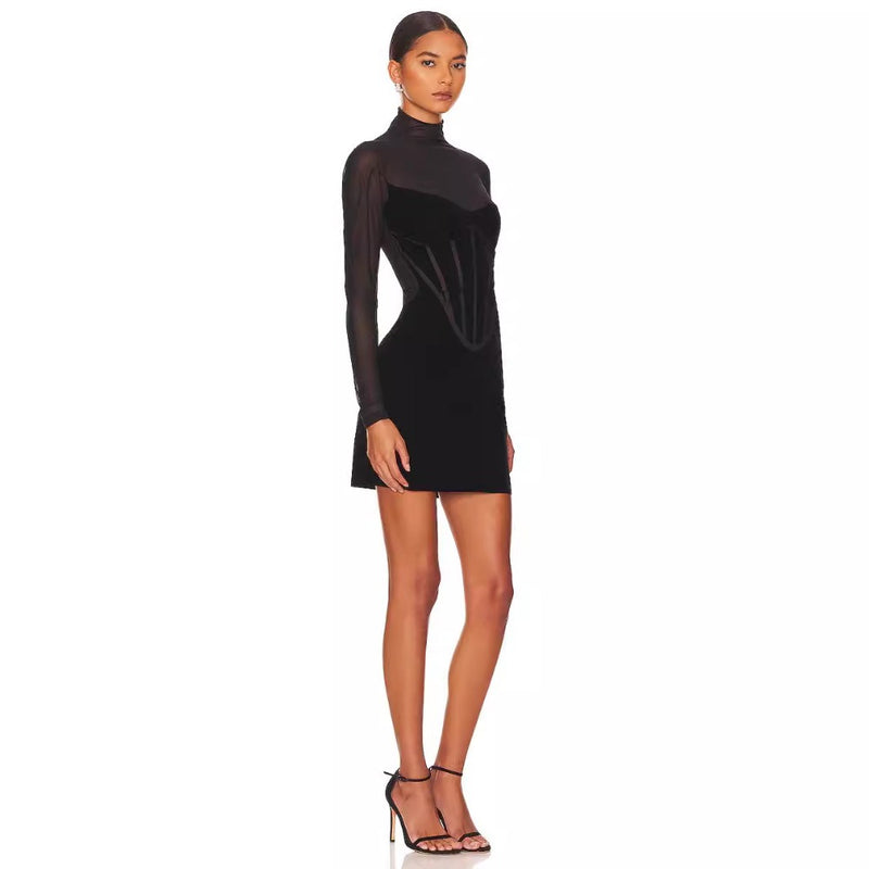 Women Dresses Bandage Dress Mesh Long Sleeve Turtleneck Tight Dress (Ont0408)