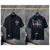 Ch hip-hop t shirts ch short-sleeved colorful sanskrit cross tassel embroidery loose casual american heavy weight