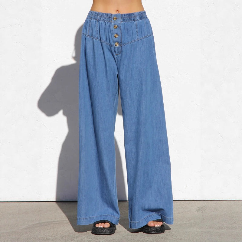 Women's pants: amazon independent store, european and american spring/summer lightweight elastic waist denim trousers, drapey vintage wide-leg jeans