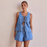 Women's pants: cross-border european and american style summer fashion casual sleeveless tie-waist high-waisted women's vest denim set shorts