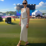 Coachella Dress 2023 Rabbit velvet core-spun yarn messy pit strip V-neck thin knitted long backless lace-up dress casual waist women