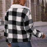 Women Trench Coat Lapel Long Sleeve Loose Zip Plaid Double-Sided Velvet Casual Jacket