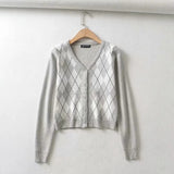 Women Sweater Knitwear Vintage Diamond Plaid Stitching V-neck Knitted Cardigan