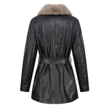 Women Leather Jacket Autumn and Winter Fur Collar Waistband Mid-Length Thick Fur Coat