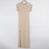 Women Dresses Pink Split Sexy Dress Short Sleeve round Neck Dress