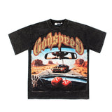 Hip-hop t-shirts - american skull racing retro print high street casual loose fit washed vintage short sleeve tee