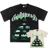 Hip-hop t-shirts: american streetwear rock 'n' roll vintage tv print, washed and distressed, trendy crew neck short sleeve tee