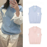 Ami heart jacquard v-neck knit vest - women's fall/winter loose fit outerwear - versatile sweater vest - blue/pink (couple's style)