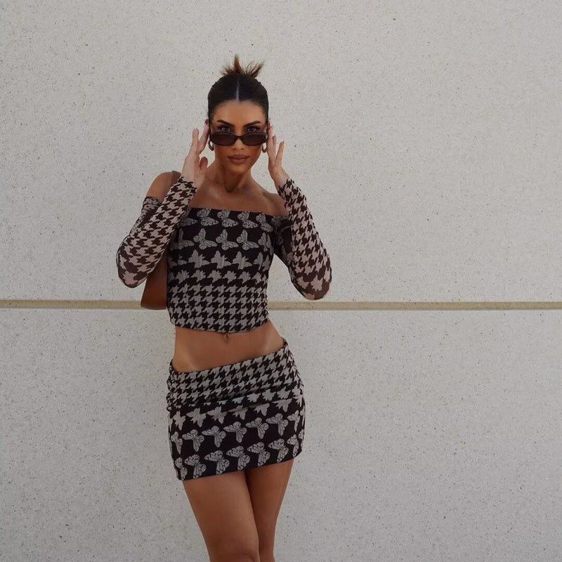 Women Tops Summer Houndstooth Mesh Top Houndstooth Gauze Skirt Suit