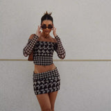 Women Tops Summer Houndstooth Mesh Top Houndstooth Gauze Skirt Suit