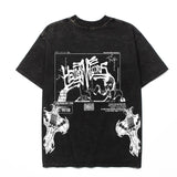 Hip-hop t-shirts: american high street washed & distressed vintage portrait print oversized trendy short sleeve tee