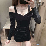 Women Maxi Dress Spring and Autumn Gold Velvet Hip Skirt Sexy off-the-Shoulder Dress