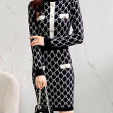 Women Maxi Dress Autumn and Winter Houndstooth Knitted Dress
