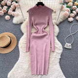 Women Maxi Dress Spring and Autumn Turtleneck Knitting Hip Skirt