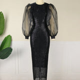 Harlem Night Attire round Neck Lantern Sleeve Stretch Sequined Party Mid-Length Dress