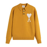 Ami araunriflove polo collar lapel wool sweater long sleeves couple fall and winterembroiderknitting shirt