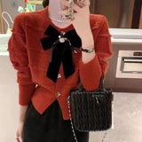 Women Knitted Cardigan round Neck Bowknot