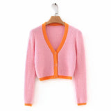 Women Sweater Knitwear Spring and Autumn V-neck Short Sleeve Slim Fit Single-Breasted Sweater
