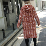 Women Trench Coat Hooded Long Sleeve Geometric Printed Single-Breasted Extended Regular Plush Jacket