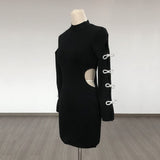 Women's Evening Dress Black Long Sleeve Bowknot Hollow-out Midriff Mini Skirt Sheath Bandage One-Piece Dress
