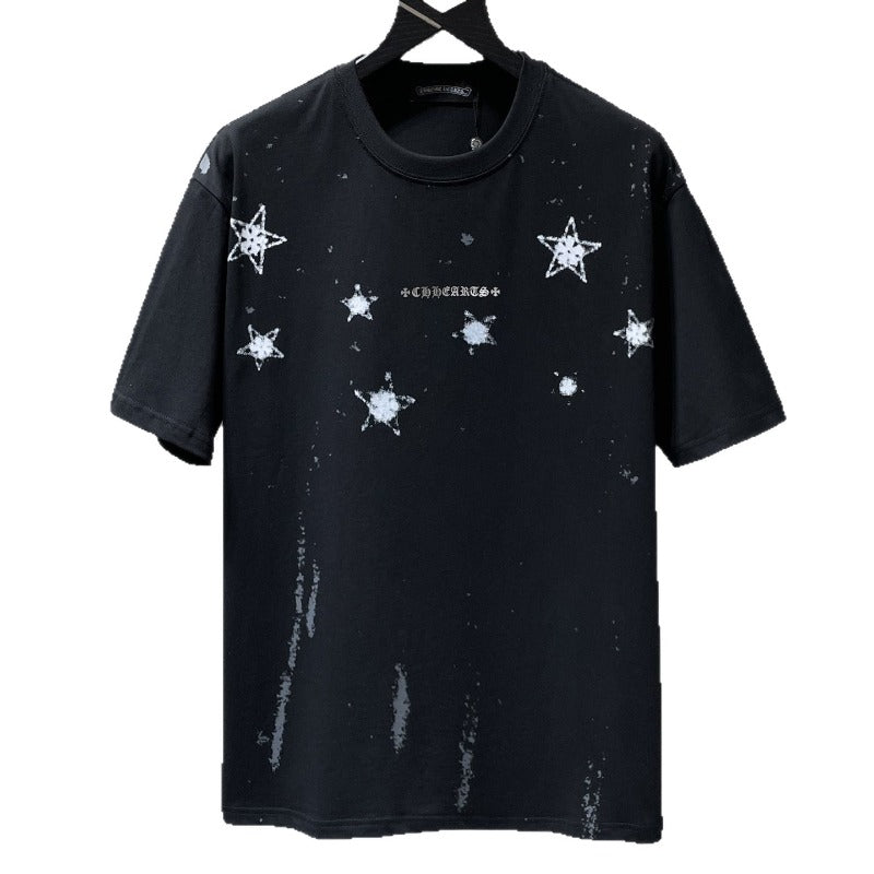Ch hip-hop t shirts ch snowflake five-pointed star horizontal axis sanskrit lettering film short-sleeved american heavy weight couple