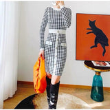 Women Maxi Dress Autumn Winter Retro Houndstooth Knitted Dress