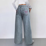 Women's spring/summer cross-border denim pants: pink bow embroidered, high-waisted, wide-leg, american style, with back pockets
