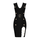 Women Evening Dress Sexy V-neck Metal Button Hollow out Fork Dress Bandage Dress