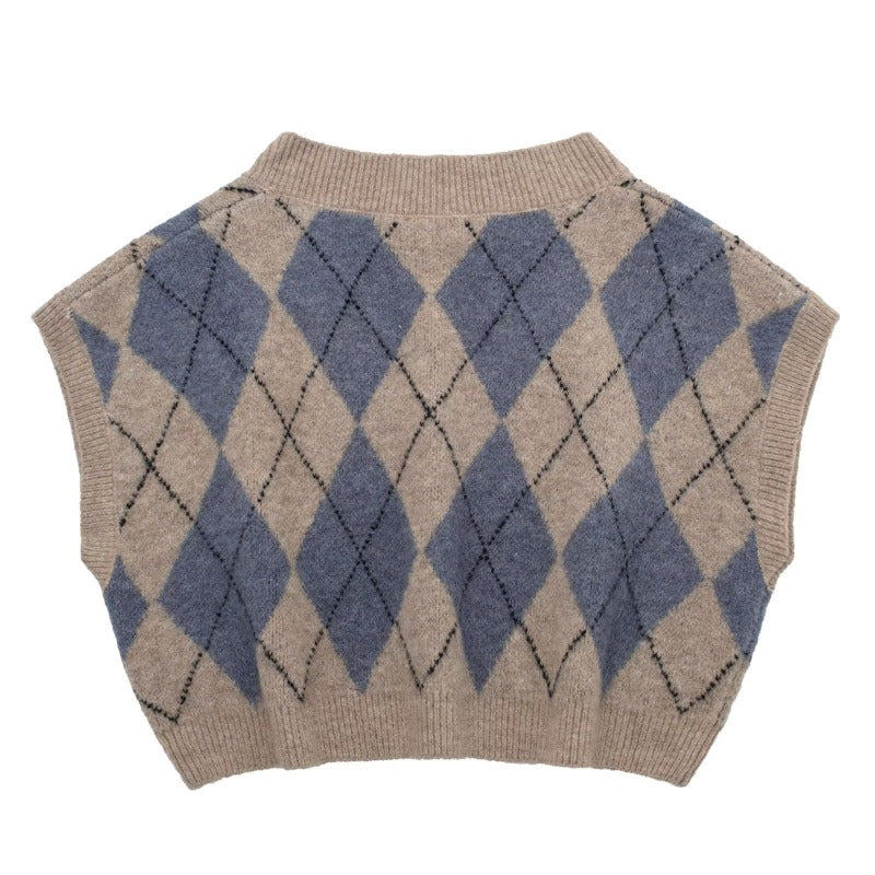 Women Sweater Knitwear Fall V-neck Sweater Rhombus Vest Vintage Hong Kong Sweater
