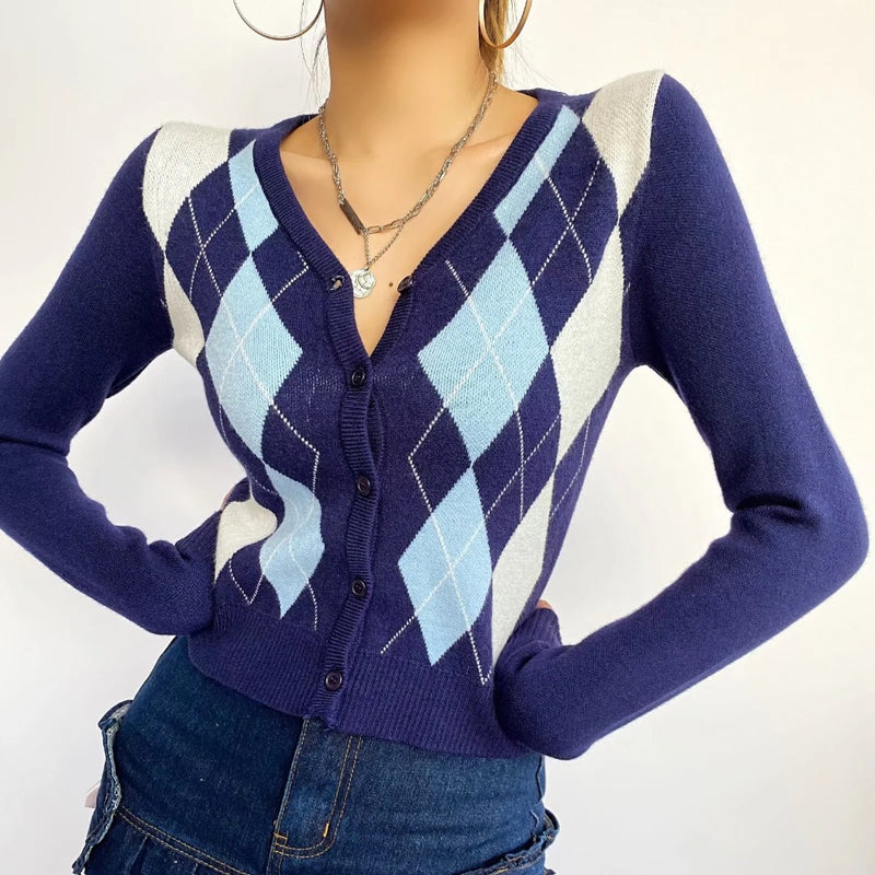 Women Sweater Knitwear Vintage Diamond Plaid Stitching V-neck Knitted Cardigan