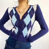 Women Sweater Knitwear Vintage Diamond Plaid Stitching V-neck Knitted Cardigan