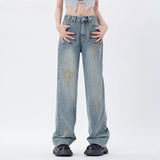 Men Jeans Cross Embroidered Washed Straight Jeans