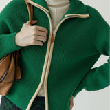 Women Knitwear Autumn Winter Retro Lapel Zipper Sweater