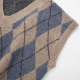 Women Sweater Knitwear Fall V-neck Sweater Rhombus Vest Vintage Hong Kong Sweater