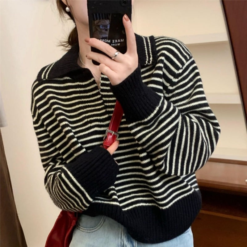 Women Knitted Pullover Autumn Loose Lapels Striped Top Long Sleeve Sweater