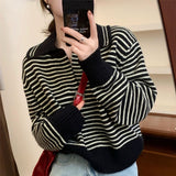 Women Knitted Pullover Autumn Loose Lapels Striped Top Long Sleeve Sweater