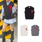 Ami style gridsv neckknittingvest couple women's autumheart jacquard sleeveless sweater vestoutweareasiest for matchtops