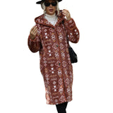 Women Trench Coat Hooded Long Sleeve Geometric Printed Single-Breasted Extended Regular Plush Jacket